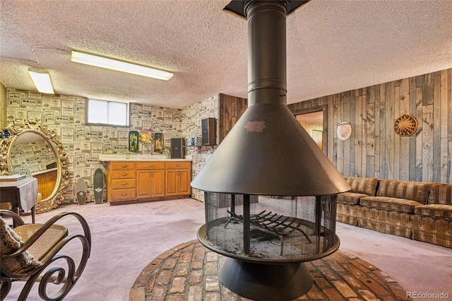 6920 W 47th Pl, Wheat Ridge, CO 80033 - interior space with carpet floors, wood walls, a wood stove, and a textured ceiling
