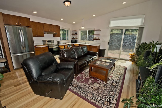 living room featuring light wood-type flooring, sink, and vaulted ceiling