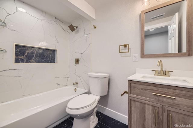 full bathroom with tile patterned floors, tiled shower / bath combo, toilet, and vanity