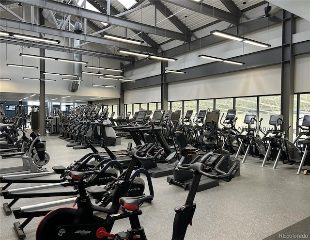 workout area with high vaulted ceiling