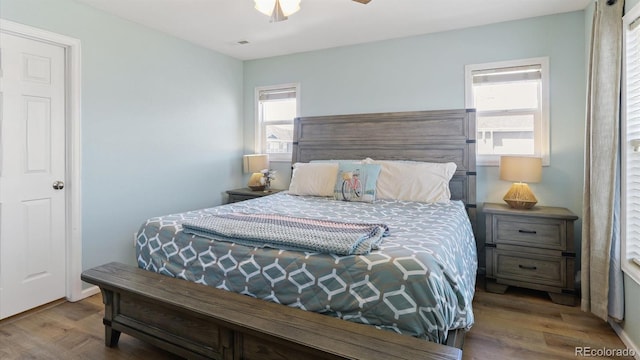 bedroom with multiple windows, hardwood / wood-style flooring, and ceiling fan