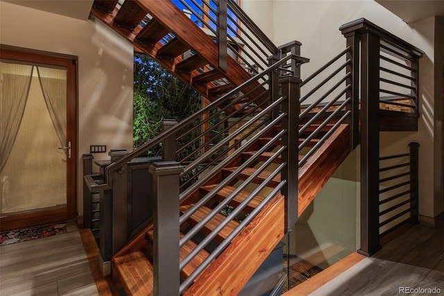 stairway featuring wood-type flooring