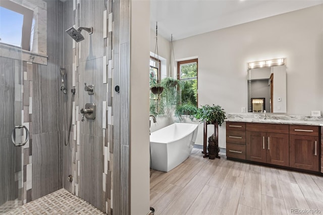 bathroom featuring vanity and shower with separate bathtub