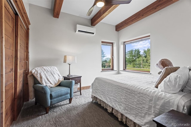 bedroom with beam ceiling, a wall mounted AC, and ceiling fan