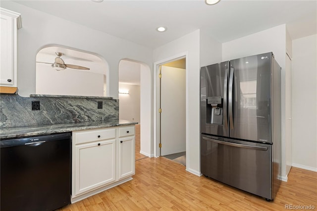 kitchen with white cabinetry, dishwasher, light wood-type flooring, and stainless steel fridge with ice dispenser