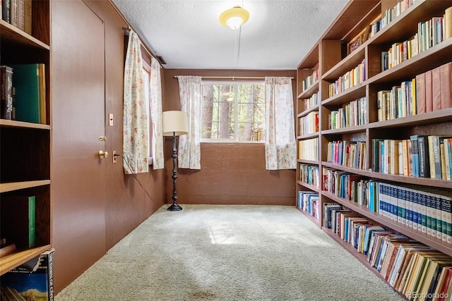 unfurnished room with a textured ceiling, carpet, and bookshelves