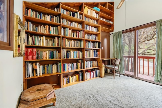sitting room with wall of books and carpet