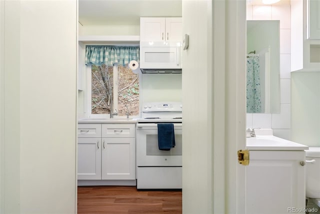 interior space with vanity, toilet, wood finished floors, and a shower with shower curtain