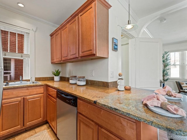 945 N Washington St Unit 201, Denver, CO 80203 - kitchen featuring a sink, stone countertops, brown cabinetry, crown molding, and dishwasher