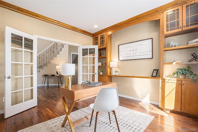 7624 Russell Ct, Arvada, CO 80007 - office with baseboards, hardwood / wood-style floors, crown molding, french doors, and recessed lighting