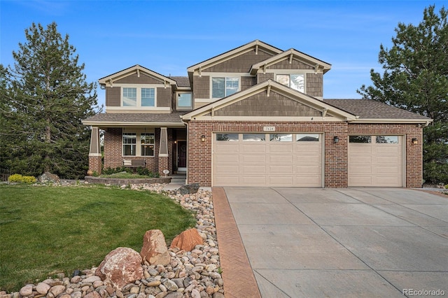 7624 Russell Ct, Arvada, CO 80007 - craftsman inspired home with a garage, driveway, a front yard, brick siding, and covered porch