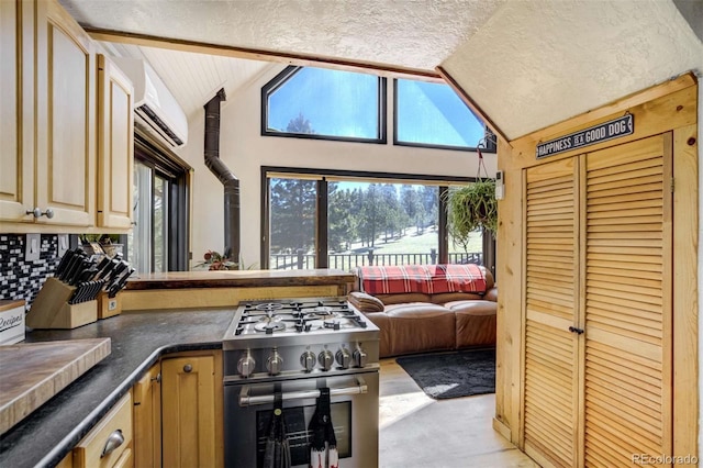 kitchen with stainless steel stove, vaulted ceiling, decorative backsplash, a peninsula, and dark countertops