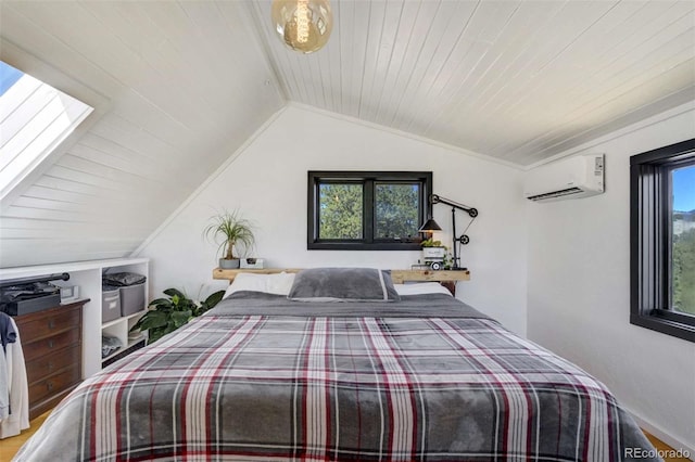 bedroom with a wall mounted AC, vaulted ceiling, a skylight, and wooden ceiling