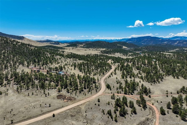 drone / aerial view of a mountainous background and a heavily wooded area