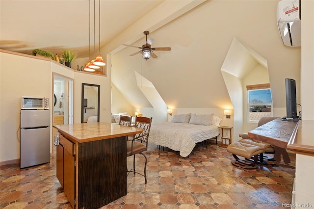 224 4th Ave, Severance, CO 80550 - bedroom with refrigerator, lofted ceiling, and an AC wall unit