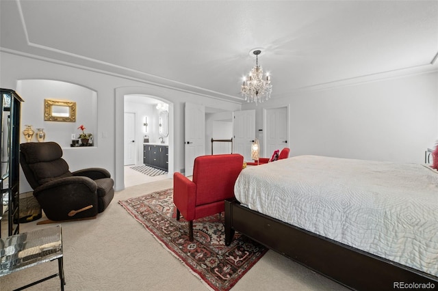 2062 Hyacinth Rd, Highlands Ranch, CO 80129 - bedroom featuring a chandelier, carpet, arched walkways, crown molding, and connected bathroom