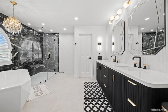 2062 Hyacinth Rd, Highlands Ranch, CO 80129 - bathroom featuring a freestanding tub, double vanity, a marble finish shower, and recessed lighting
