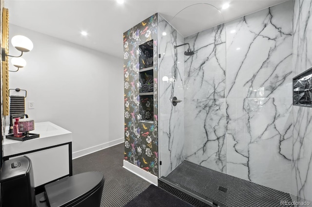 2062 Hyacinth Rd, Highlands Ranch, CO 80129 - bathroom featuring a marble finish shower, recessed lighting, and vanity