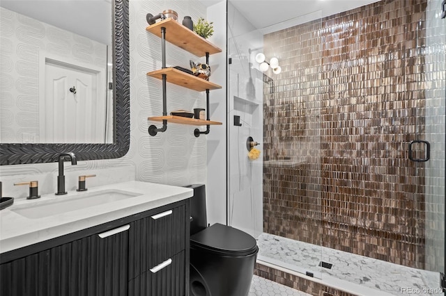 2062 Hyacinth Rd, Highlands Ranch, CO 80129 - full bathroom with a stall shower, vanity, and wallpapered walls