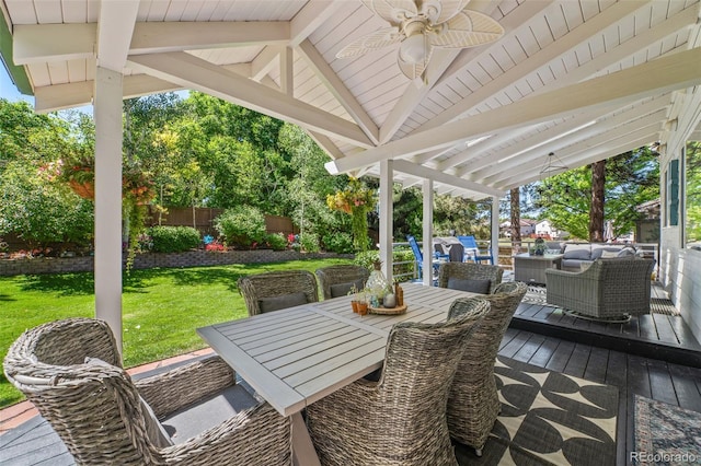 2062 Hyacinth Rd, Highlands Ranch, CO 80129 - wooden deck with ceiling fan, outdoor dining area, and an outdoor hangout area