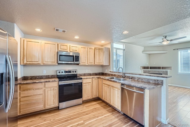 kitchen with appliances with stainless steel finishes, light hardwood / wood-style floors, sink, and kitchen peninsula