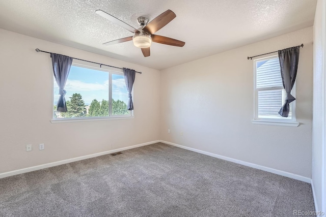 carpeted spare room featuring ceiling fan, plenty of natural light, and a textured ceiling