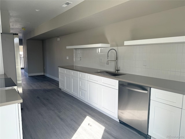 kitchen with a sink, visible vents, white cabinetry, decorative backsplash, and stainless steel dishwasher