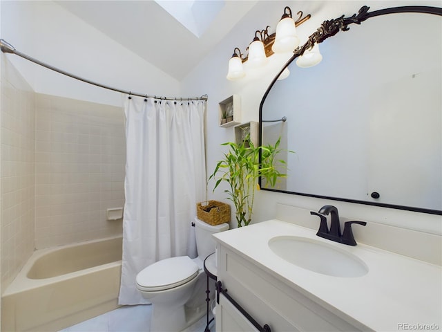 full bathroom with shower / tub combo with curtain, vaulted ceiling with skylight, vanity, tile patterned floors, and toilet