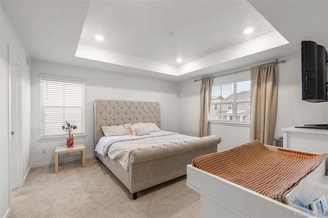 carpeted bedroom featuring a tray ceiling