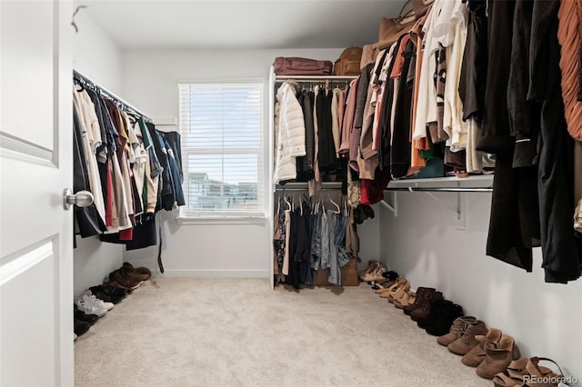 walk in closet with light carpet