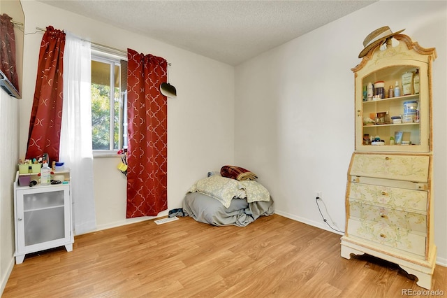 living area with a textured ceiling and light hardwood / wood-style flooring