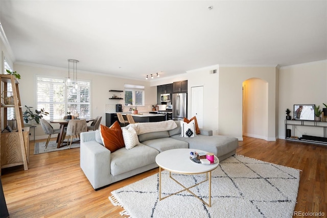 living area with light wood-style flooring, arched walkways, and a wealth of natural light