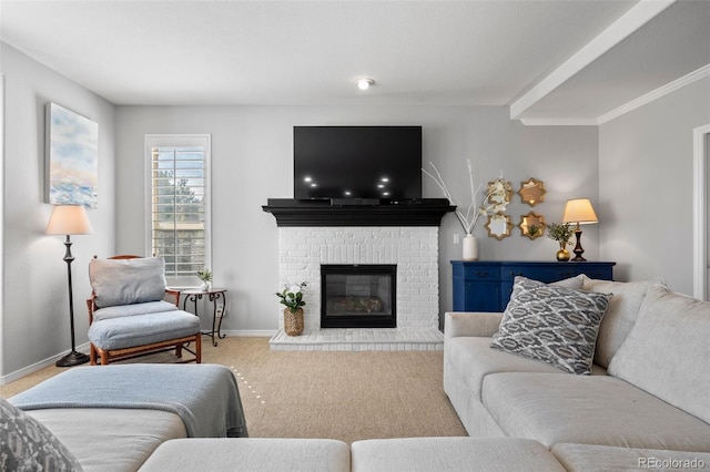 404 Yarrow Pl, Castle Pines, CO 80108 - living area featuring carpet, baseboards, a fireplace, and crown molding