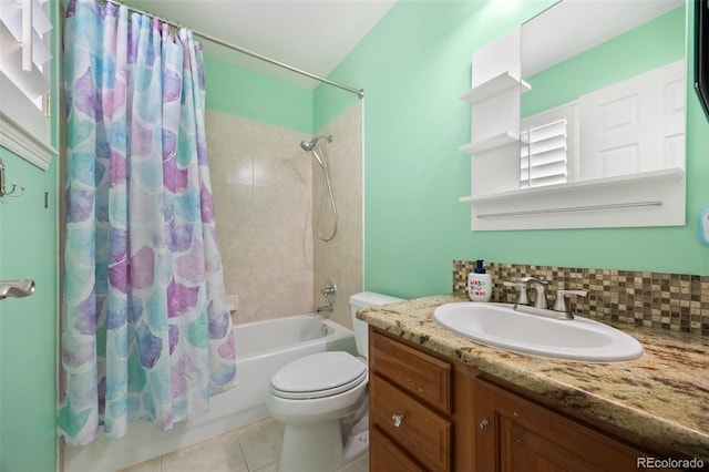 404 Yarrow Pl, Castle Pines, CO 80108 - bathroom featuring shower / tub combo, toilet, vanity, tile patterned floors, and decorative backsplash