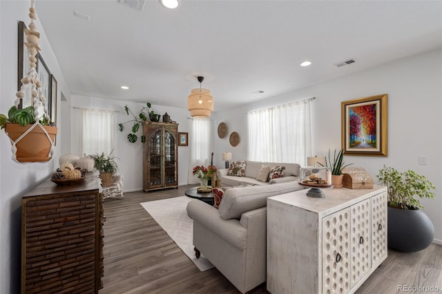 living room with dark hardwood / wood-style flooring