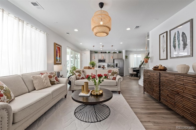 living room with a healthy amount of sunlight and dark hardwood / wood-style floors