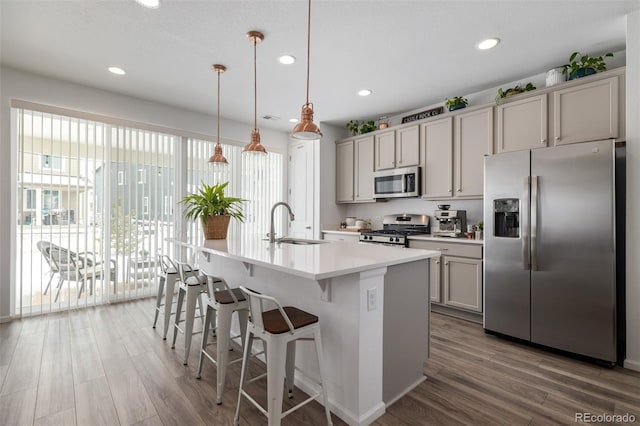 kitchen featuring an island with sink, sink, hanging light fixtures, hardwood / wood-style flooring, and stainless steel appliances