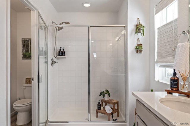 bathroom featuring vanity, toilet, and walk in shower