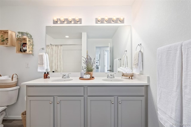 bathroom featuring vanity and a shower with shower curtain