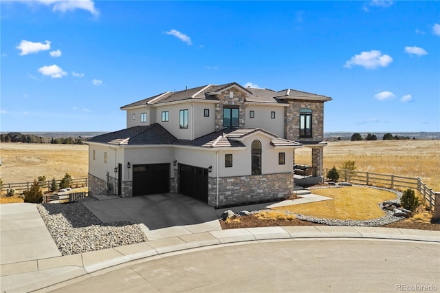 view of front facade with stone siding, fence, and stucco siding