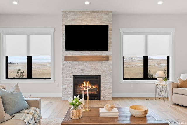 living room with a stone fireplace, plenty of natural light, wood finished floors, and baseboards