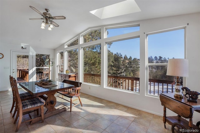 sunroom / solarium with ceiling fan, plenty of natural light, and vaulted ceiling with skylight