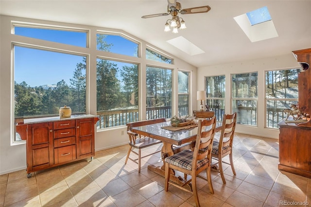 sunroom featuring vaulted ceiling with skylight and ceiling fan