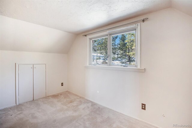 additional living space featuring light carpet and vaulted ceiling