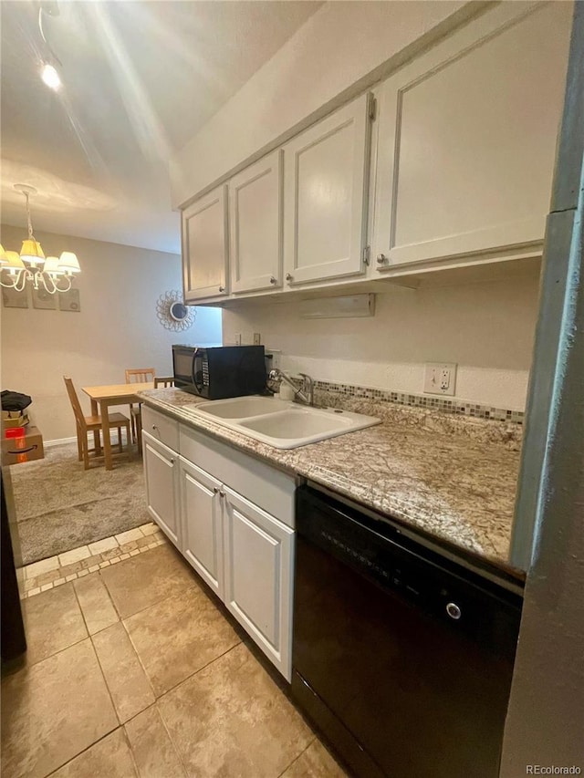 kitchen with sink, black appliances, white cabinets, and light tile patterned flooring