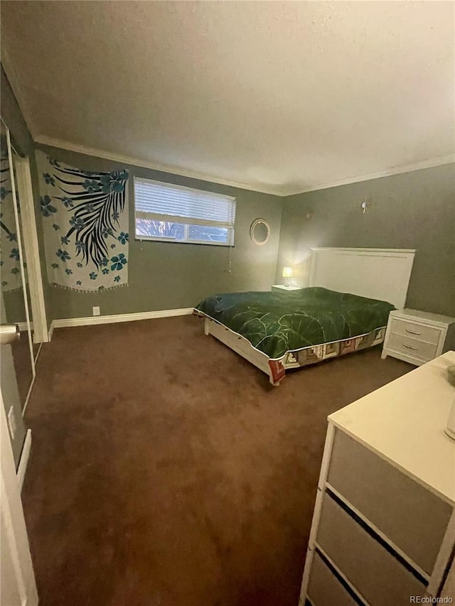 carpeted bedroom with crown molding