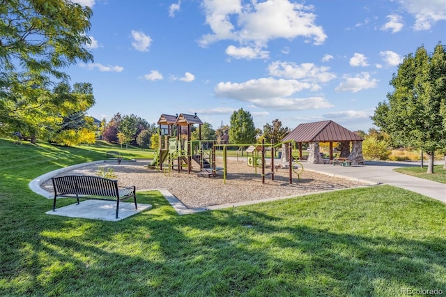 view of play area featuring a gazebo and a lawn