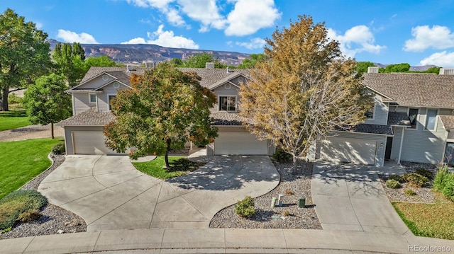 view of property hidden behind natural elements with a mountain view and a garage