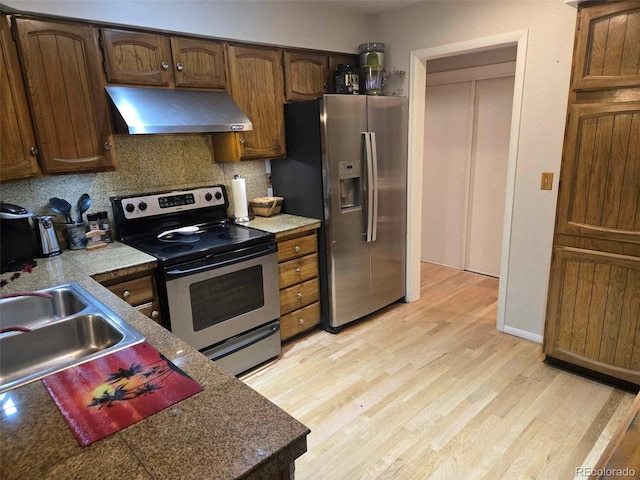 kitchen featuring ventilation hood, light wood-type flooring, a sink, stainless steel appliances, and tasteful backsplash