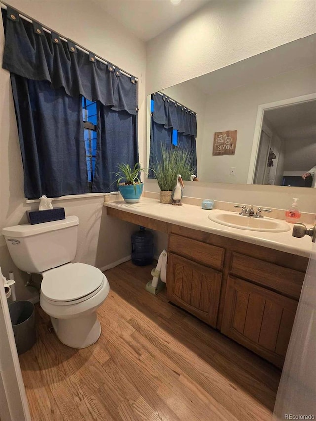 bathroom featuring toilet, wood finished floors, and vanity